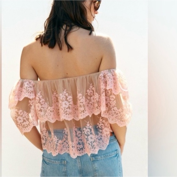 Zara Pink Lace Off-Shoulder Embroidered Crop Top - Picture 5 of 13
